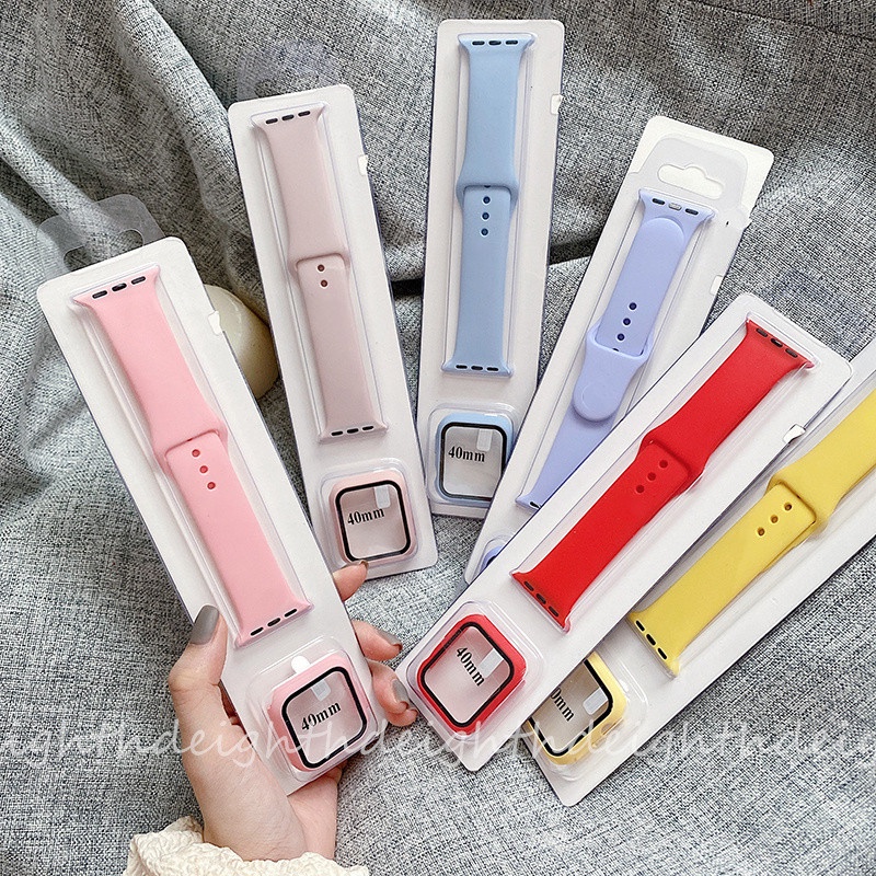 Dây Silicone Và Kính Cường Lực Cho Đồng Hồ Thông Minh Series 8 7 6 SE 5 4 3 2 1 Kích Thước 41mm 45mm 44mm 42mm 40mm 38mm