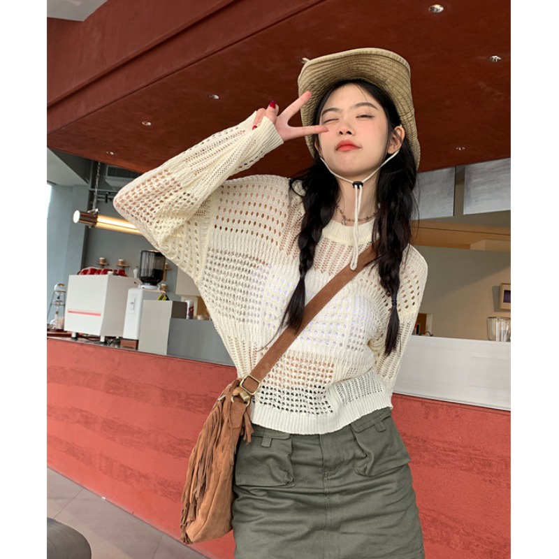 Áo QADCOL tay dài cổ tròn thiết kế rỗng phong cách dễ phối đồ thời trang mùa hè