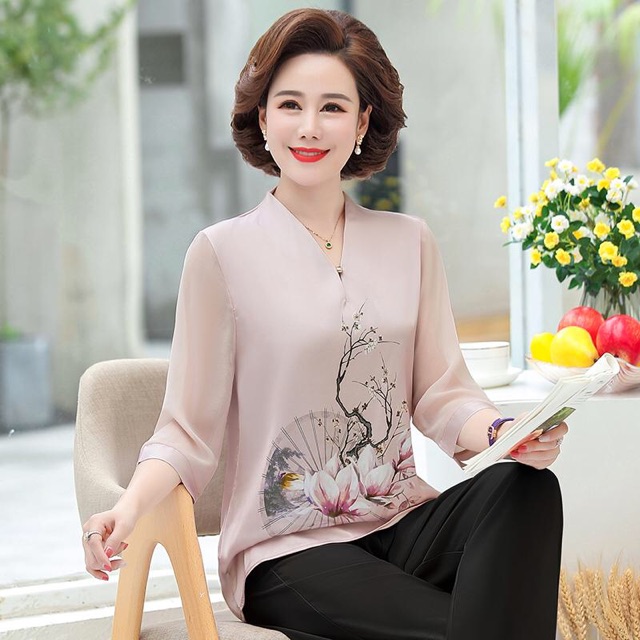 Áo trung niên nữ thời trang phối tay voan thanh lịch, hoạ tiết trẻ trung, sang chảnh NV0159