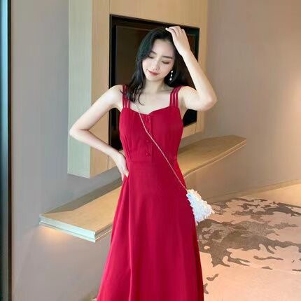Đầm hai dây IELGY màu đen thời trang mùa hè phong cách vintage cho nữ