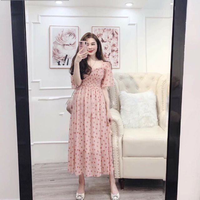 Đầm hồng chấm bi dập ly vải voan cát