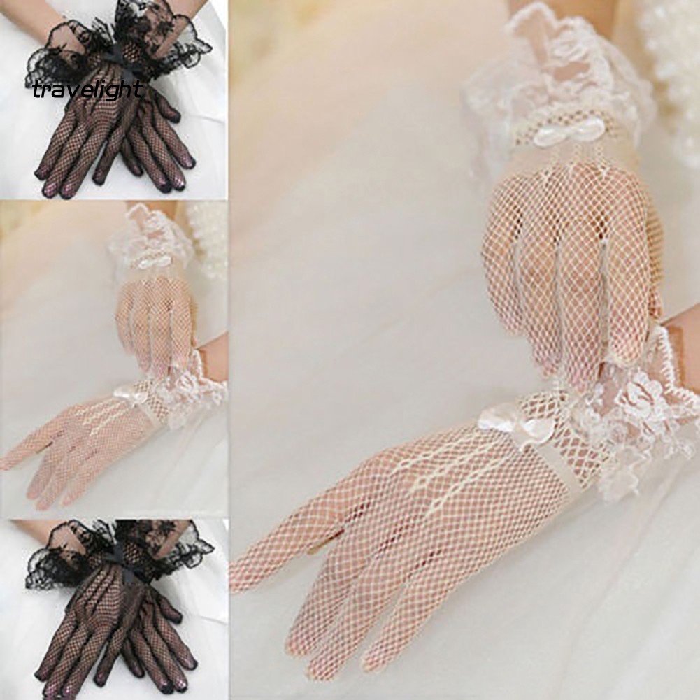 Găng Tay Ren Lưới Đính Nơ Toàn Diện Cho Cô Dâu Ngày Cưới