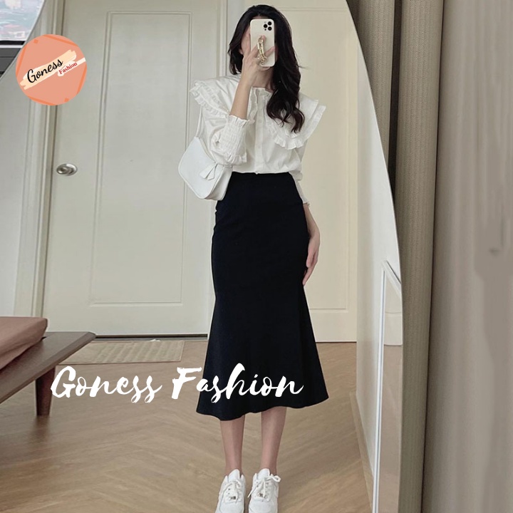 Chân váy dài Goness cạp cao màu đen đẹp thiết kế đuôi cá chất thun tăm co giãn công sở ôm body thời trang Hàn Quốc