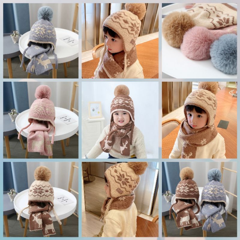 (HÀNG CHẤT ĐẸP) Sét Khăn Mũ Len Noel  họa tiết bông tuyết Quảng Châu, nón len mềm cho bé trai, bé gái 4-8 tuổi