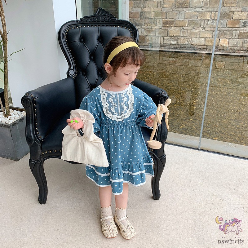 Đầm công chúa Dài Tay Họa Tiết Chấm Bi Dễ Thương Cho Bé