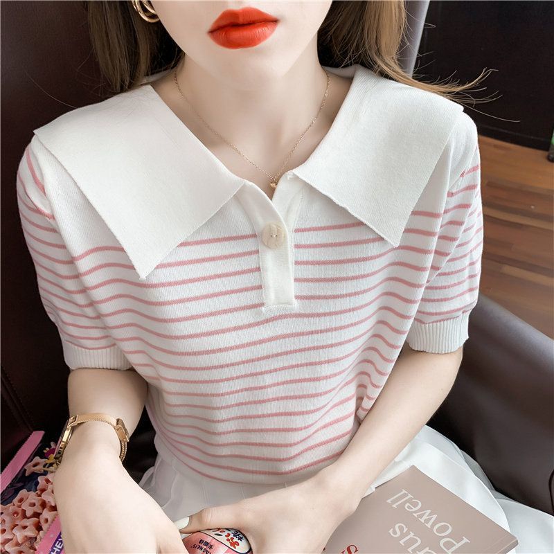 Áo Sơ Mi Dệt Kim Ngắn Tay Cổ Bẻ Họa Tiết Kẻ Sọc Thanh Lịch Phong Cách Hàn Quốc Thời Trang Mùa Hè Cho Nữ