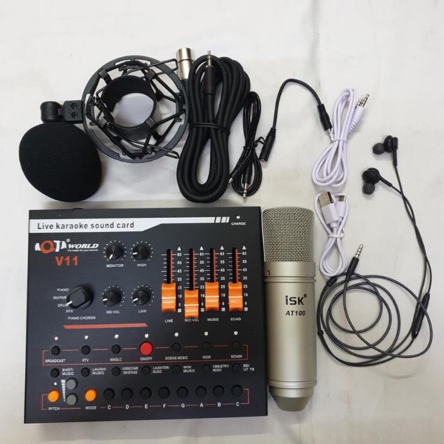 Combo mic livestream AT-100, soundcard V11 tặng kèm tai nghe AKG - BH 6 tháng đổi mới