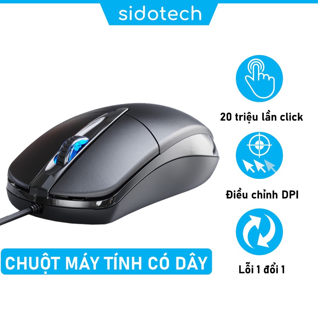 Chuột máy tính có dây SIDOTECH P20 chính hãng giá rẻ silent tắt âm chống ồn DPI 1200 chơi game cho laptop pc