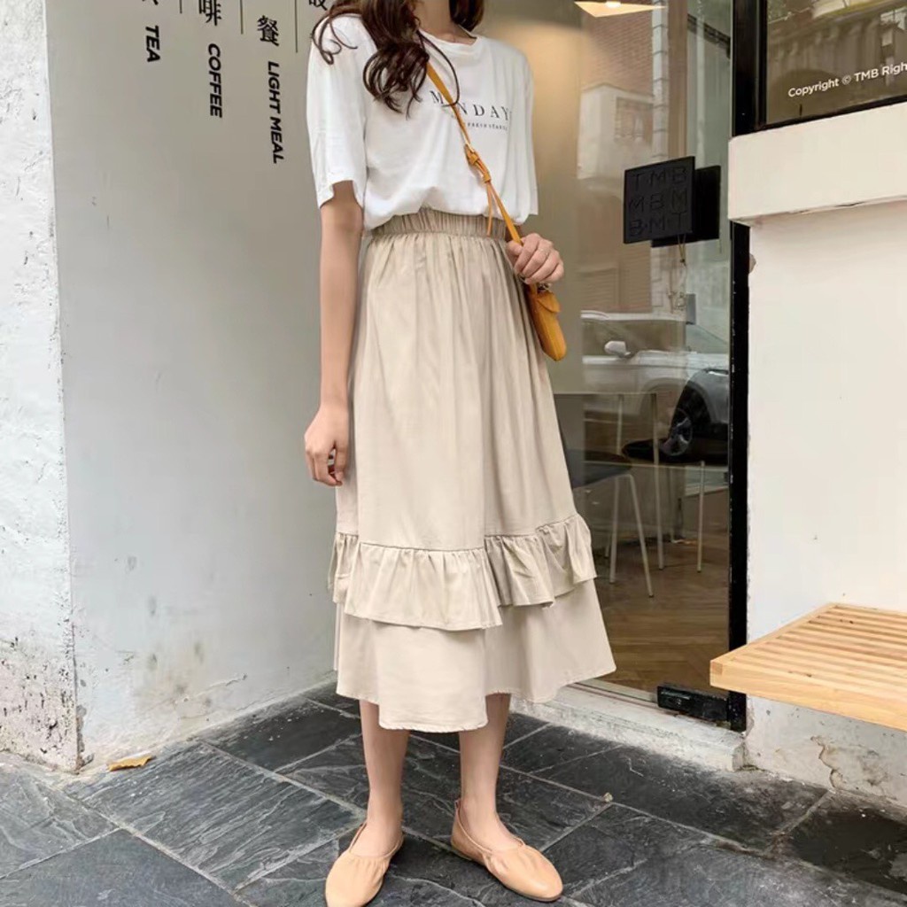 CHÂN VÁY XÒE XẾP BÈO 2 TẦNG - CHÂN VÁY DÁNG DÀI TẦNG VẠT BÈO 3 MÀU ULZZANG