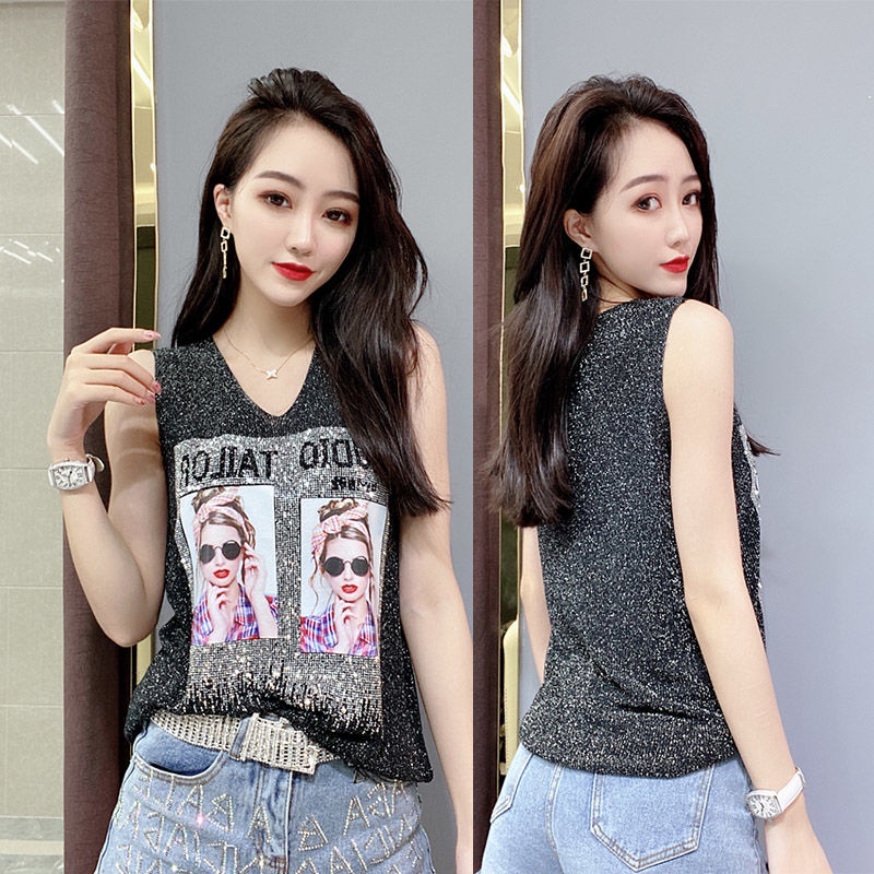 Áo Hai Dây Cổ Chữ V Dáng Rộng Bằng Lụa Sáng Lấp Lánh Đính Đá Thời Trang Mùa Hè Hàng Mới Dễ Phối Đồ Dành Cho Bạn Nữ