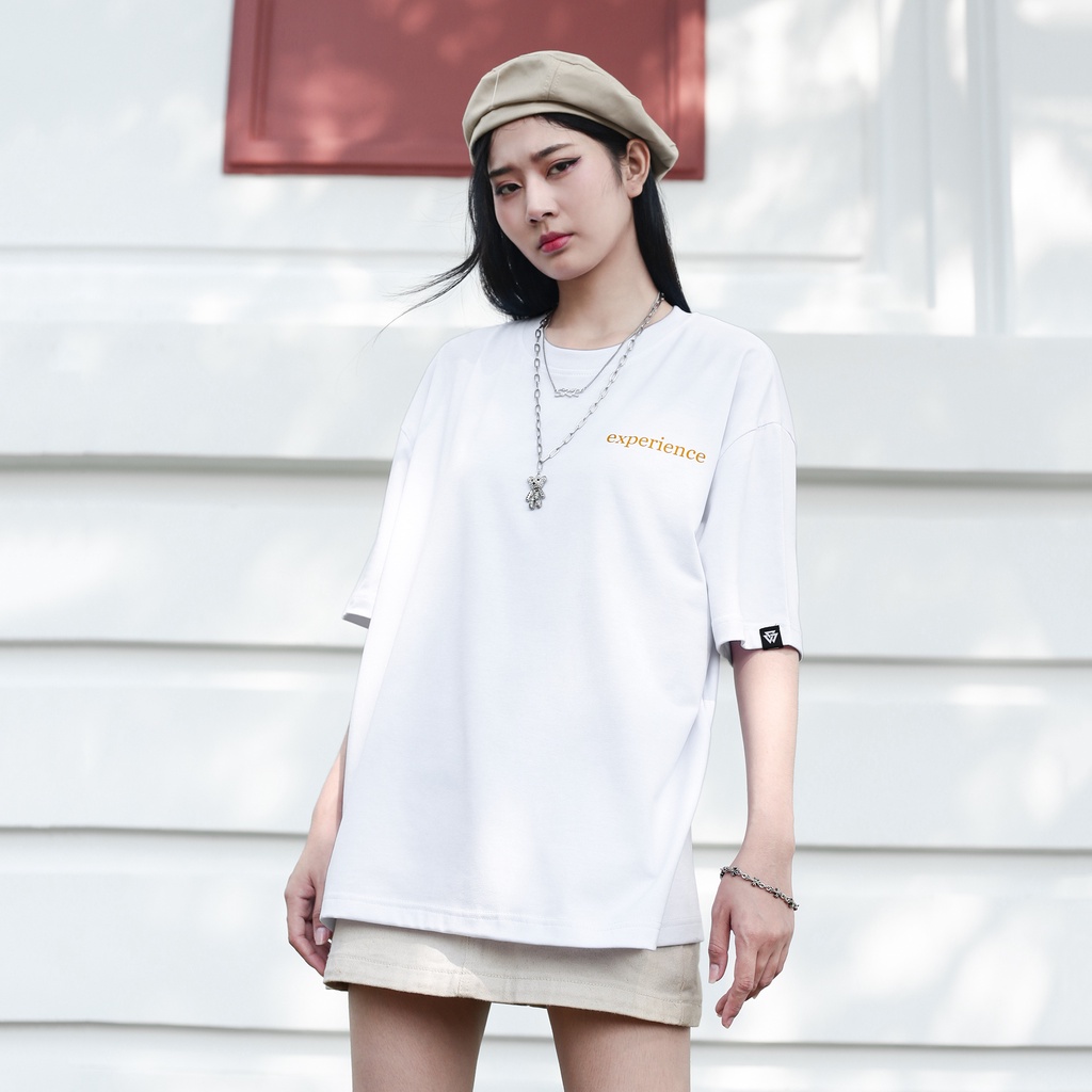 Áo Thun Trắng In Chữ Experience Màu Cam Chất Liệu 100% Cotton Form Rộng Thoải Mái Unisex Nam Nữ