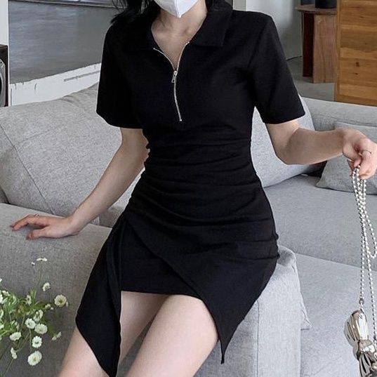 COZOK Đầm Cổ POLO Tay Ngắn Thiết Kế Lệch Tà Cá Tính