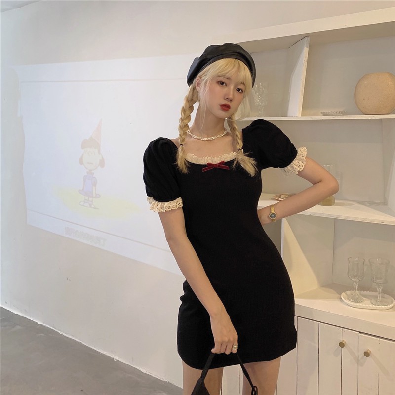 Đầm / Váy / Áo Sơ Mi Đan Cổ Vuông Tay Ngắn Phối Ren Hàn Quốc | BigBuy360 - bigbuy360.vn