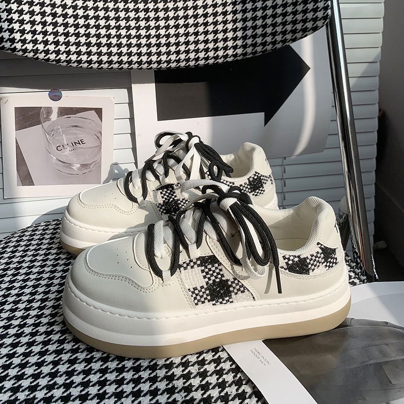 Giày thể thao sneaker unisex da phối vải canvas sọc caro đế bánh mỳ Ulzzang FLOWER G12 - nguyentrang239
