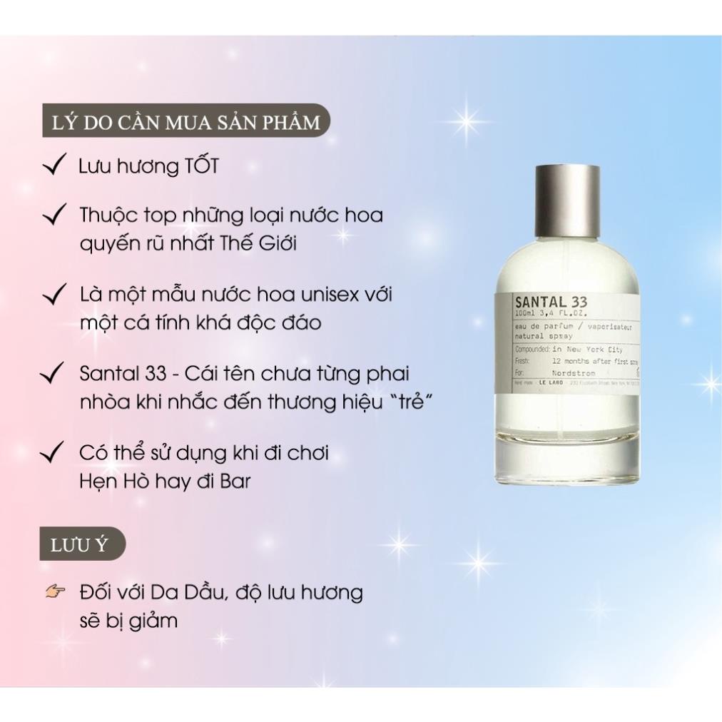 Nước Hoa Nam Nữ Lelabo Santal 33 Hương Gỗ Lưu Hương Lâu 8H - Dầu Thơm unisex dung tích 100ml Lịch Lãm Đẳng Cấp