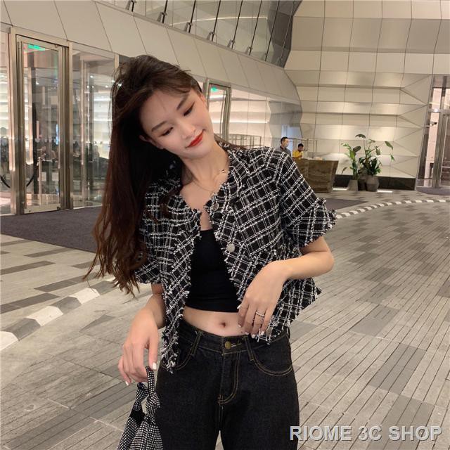【Nước hoa miễn phí】Áo Khoác Vải Tweed Tay Ngắn Kẻ Ca-Rô Trẻ Trung Hợp Thời Trang | BigBuy360 - bigbuy360.vn