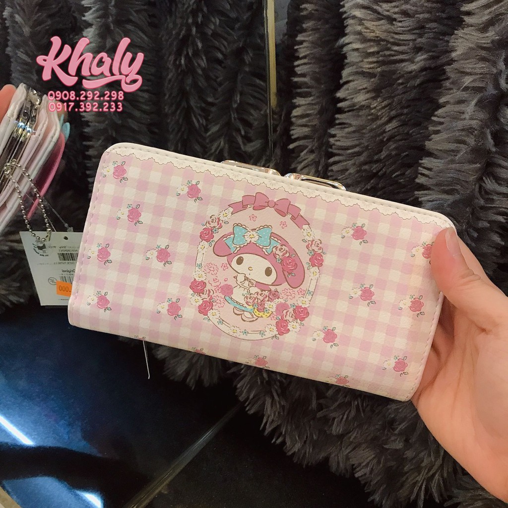 Bóp ví tiền cầm tay nút bật da mềm thỏ Melody bạn Hello Kitty nhiều ngăn size dài màu trắng cho nữ và các bạn gái
