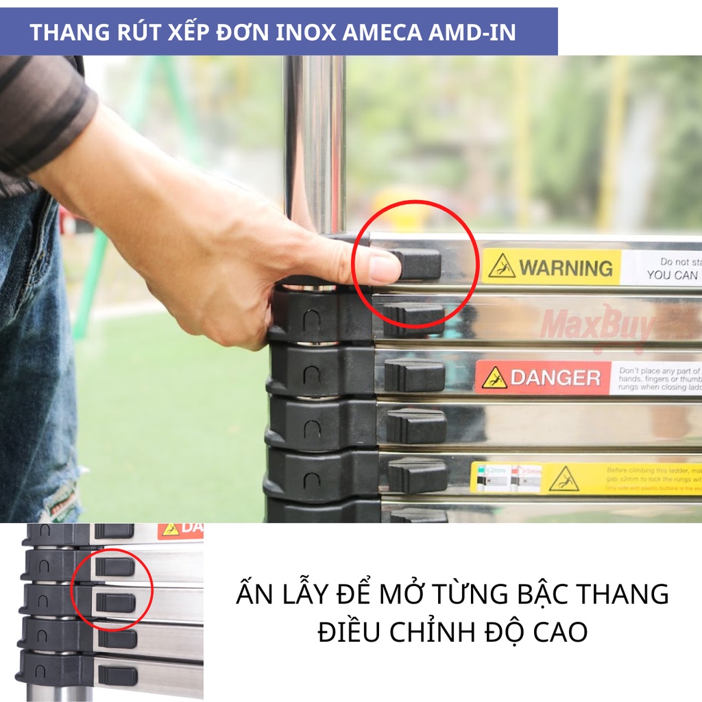 Thang nhôm rút đơn 3,8-5m AMECA INOX NEW 2022 gấp gọn đa năng, inox dày siêu bền, bảo hành chính hãng 18 tháng