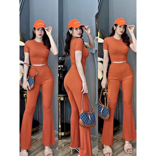 Set thun gân áo croptop quần ống loe