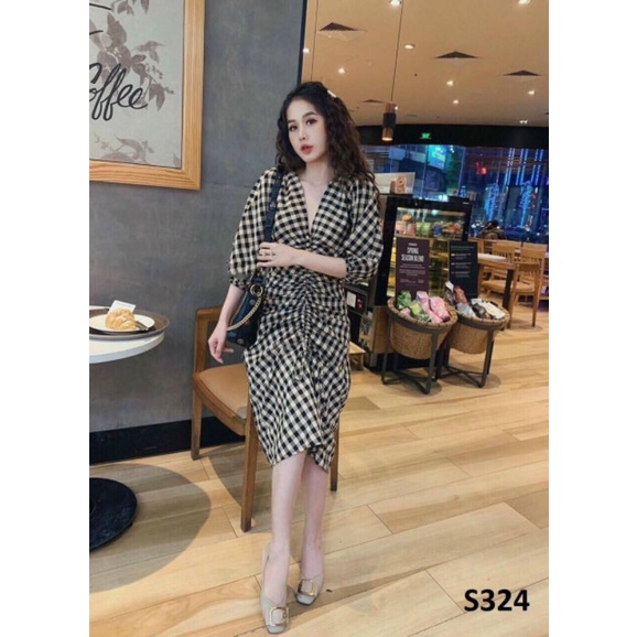 ĐẦM SỌC CARO TAY NHÚNG LỠ XINH XINH ĐẦM XOÈ GB