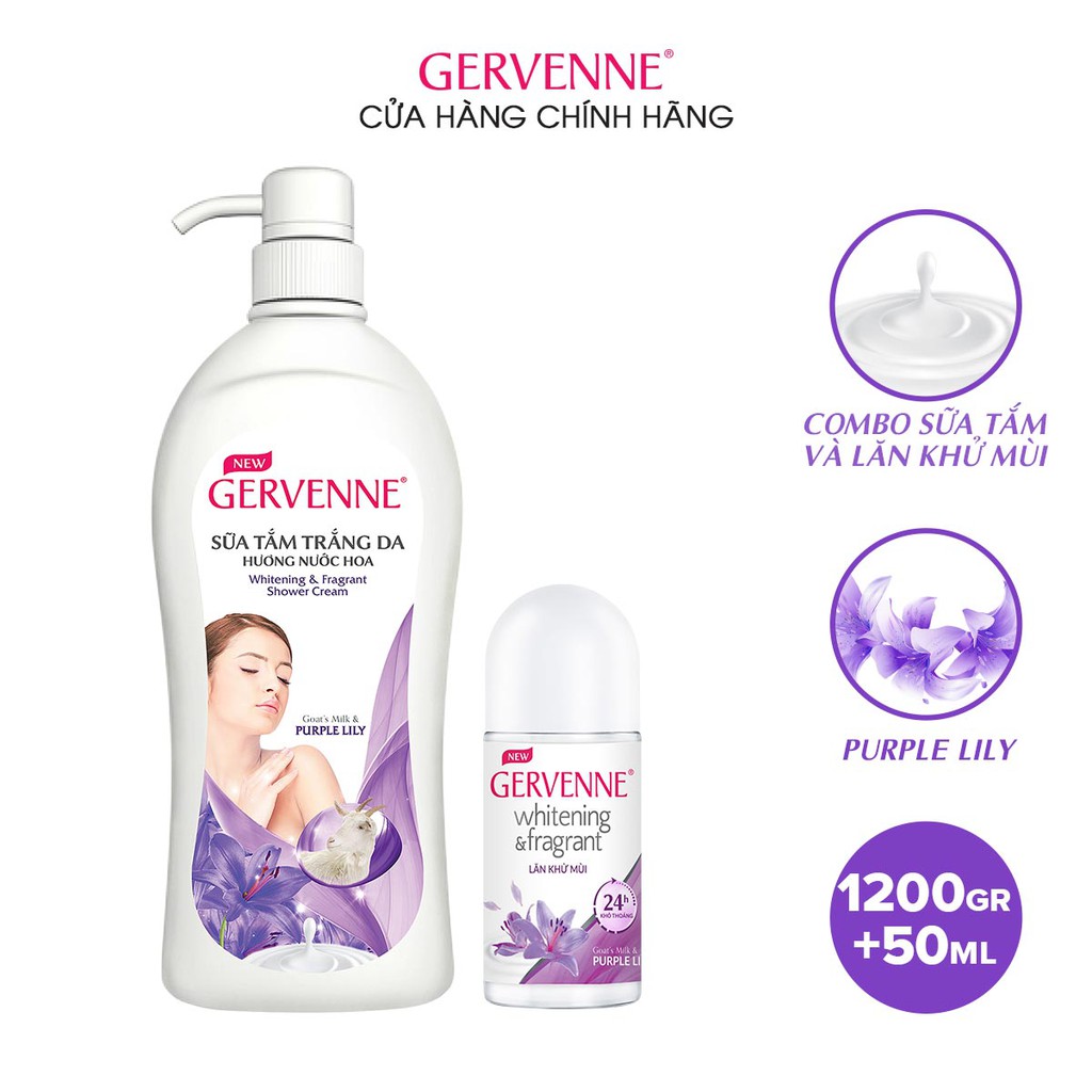 Combo Sữa tắm trắng danước hoa Gervenne Purple Lily1200g+Lăn khử mùi trắng da Purple Lily50ml