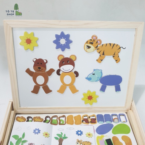 Xếp hình nam châm chủ đề con vật , lắp ráp trang phục con vật Animal kèm bảng 2 mặt , phấn và bút dạ MWZ-2001