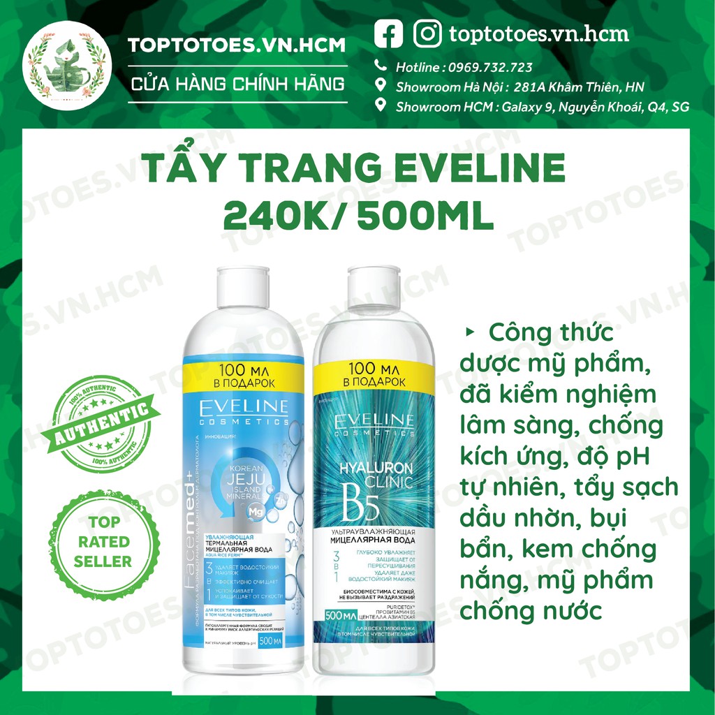Nước tẩy trang Eveline Korean Jeju Island và Hyaluron Clinic B5 Puridetox tẩy sạch nhẹ dịu