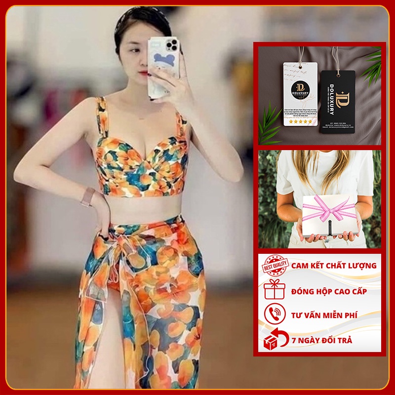 Set Bikini 3 Món Đi Biển Hoa Cam Kèm Khăn Mẫu Mới Đóng Hộp Cao Cấp DOLUXURY