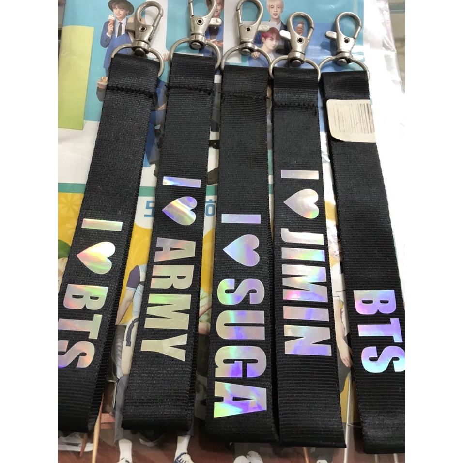 Dây Strap BTS - Móc khóa điện thoại, móc cặp, balo ARMY màu đen, màu bạc