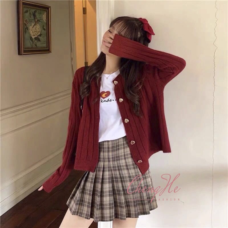 Áo khoác len Cardigan co dãn cúc trái tim dáng lửng xinh xắn học sinh  A00222