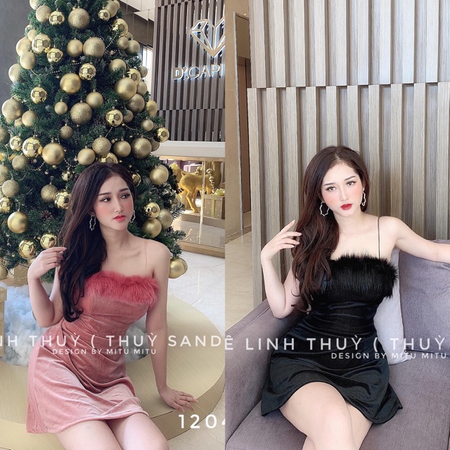 Váy nhung xoè viền lông