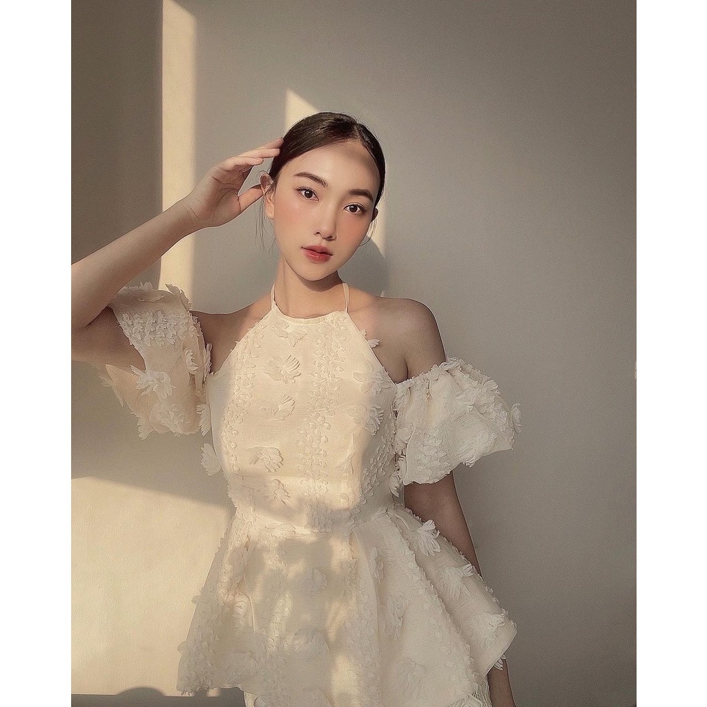 Áo trễ vai tay bồng nữ chất tơ hoa Linly Store thiết kế cổ yếm dáng xòe A-CY3