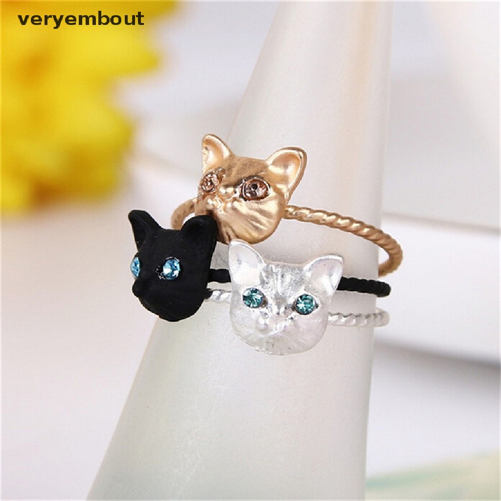 ut 1Pc Women Mini Lovely Cat Shaped Ring Rhinestone Studd Ring Black Gold Silver n