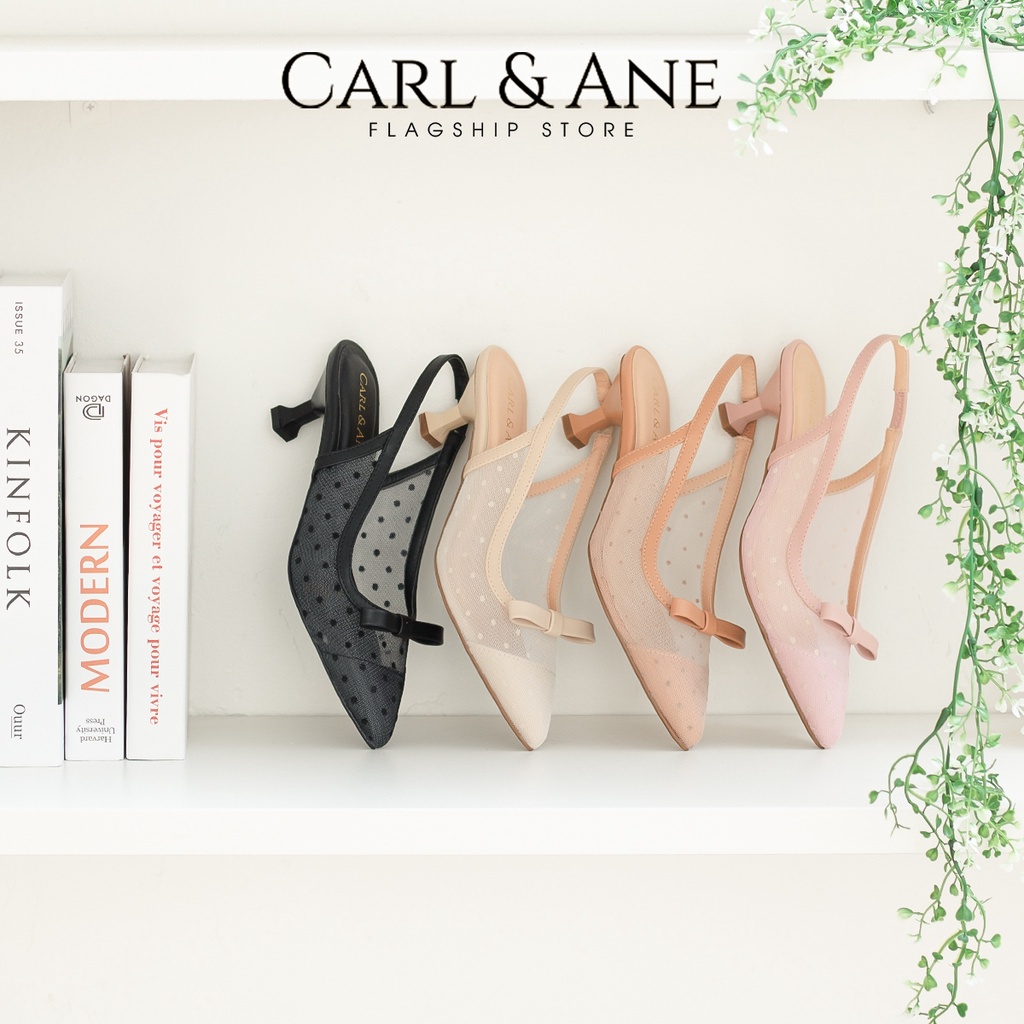 Carl & Ane - Giày cao gót mũi nhọn phối dây lưới thời trang công sở 2022 cao 5cm màu đen - CL030