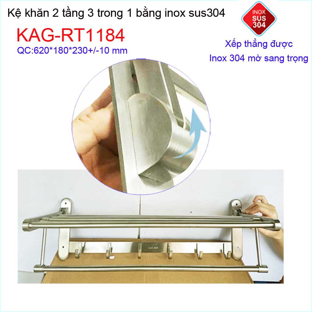 kệ máng khăn đa năng thẳng lật, kệ treo khăn inox SUS304 3in1 KAG-RT1184- treo khăn + phơi khăn + móc khăn