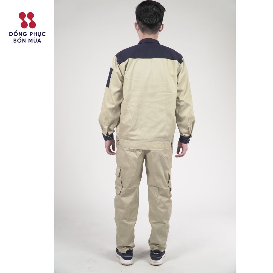 Quần áo bảo hộ lao động thương hiệu Đồng Phục Bốn Mùa chất vải kaki 3/1 phối màu dày dặn, bền bỉ đẹp sẵn hàng kèm video