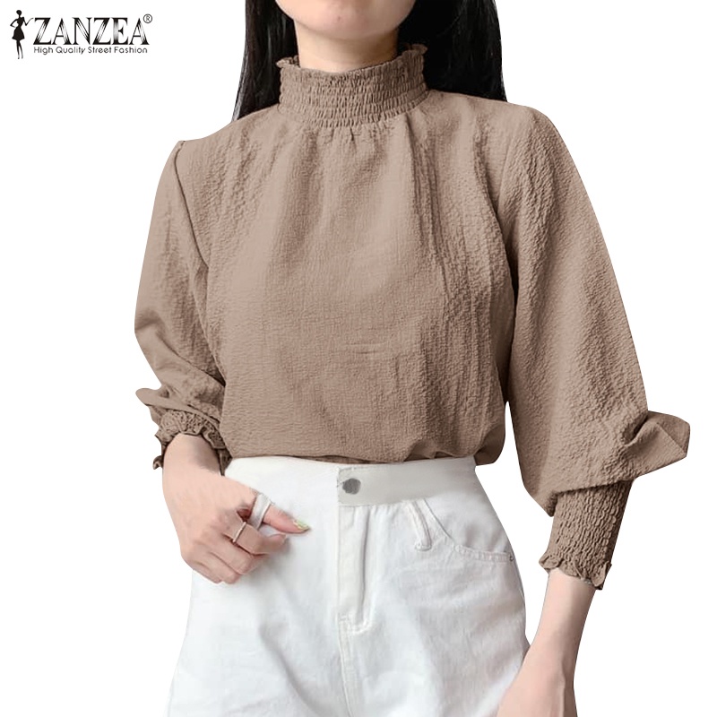 Áo kiểu Zanzea tay dài cổ đứng màu trơn thiết kế xếp ly phong cách vintage thời trang cho nữ