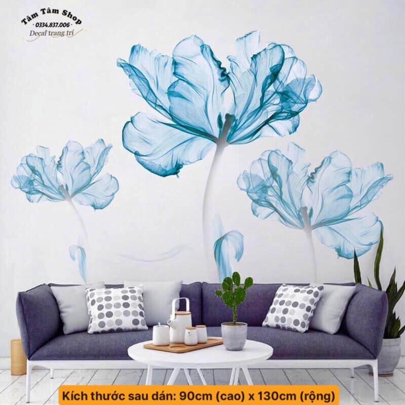 Tranh dán tường hoa xanh cánh mỏng chất liệu cao cấp chống thấm nước .