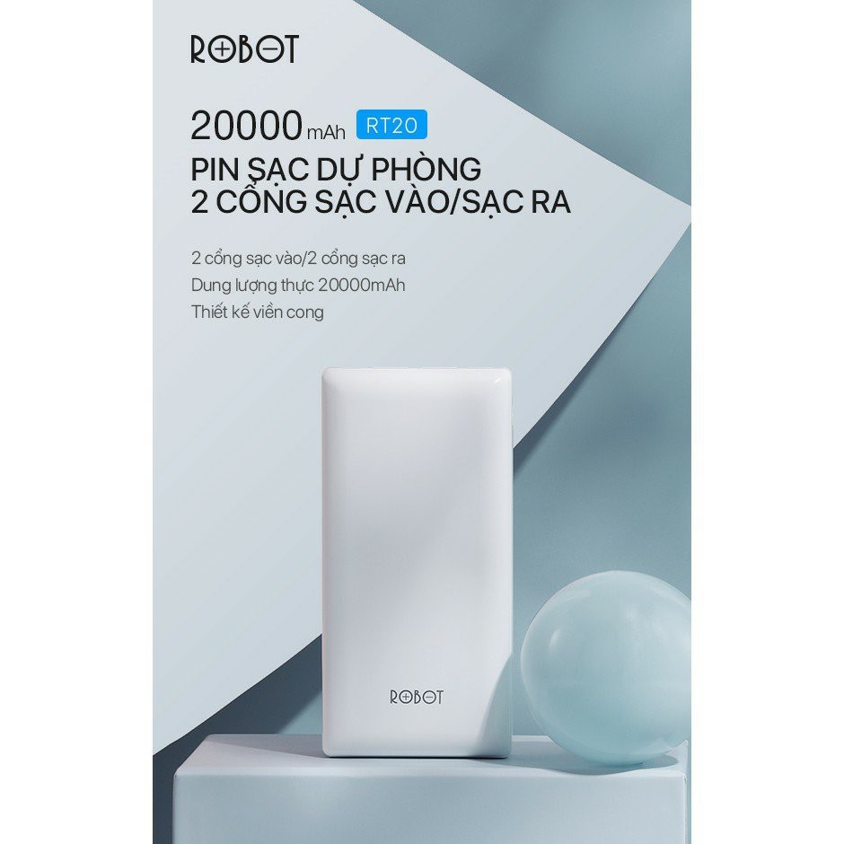 Pin Sạc Dự Phòng 20000 mAh ROBOT RT20 2 Cổng Vào 2 Cổng Ra Chuẩn Hàng Không CHÍNH HÃNG BẢO HÀNH 12 THÁNG