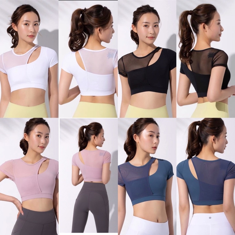 Áo croptop lệch vai phối lưới có sẵn mút tập gym yoga nữ