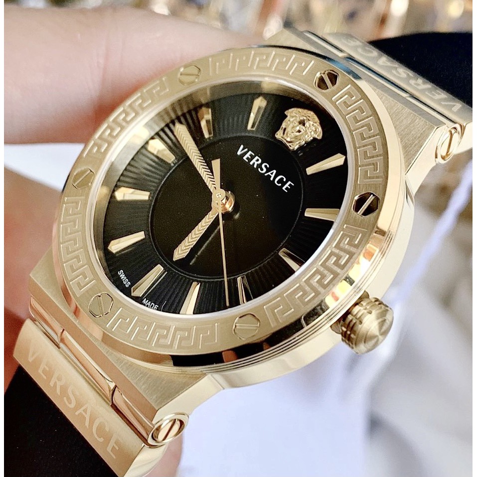 Đồng hồ nữ chính hãng Versace Greca Logo - Máy Quartz pin Thụy Sĩ - Kính Sapphire - Dây da đen