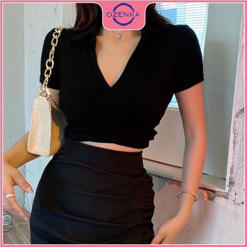 Áo croptop ôm cổ V polo nữ OZENKA , áo thun ngắn cộc tay gợi cảm chất đẹp màu đen trắng freesize dưới 50 cân