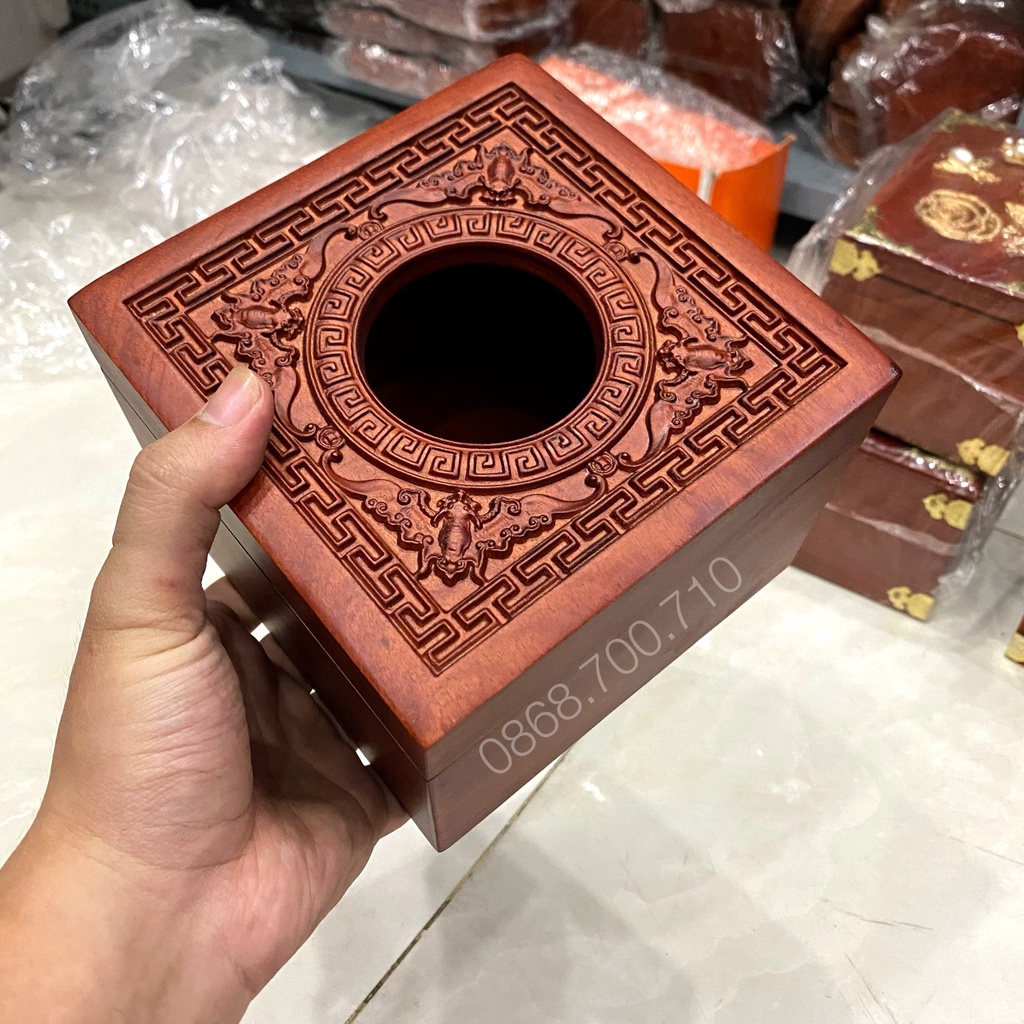 HỘP ĐỰNG GIẤY ĂN GỖ HƯƠNG KHỔ VUÔNG CHẠM TỨ RƠI