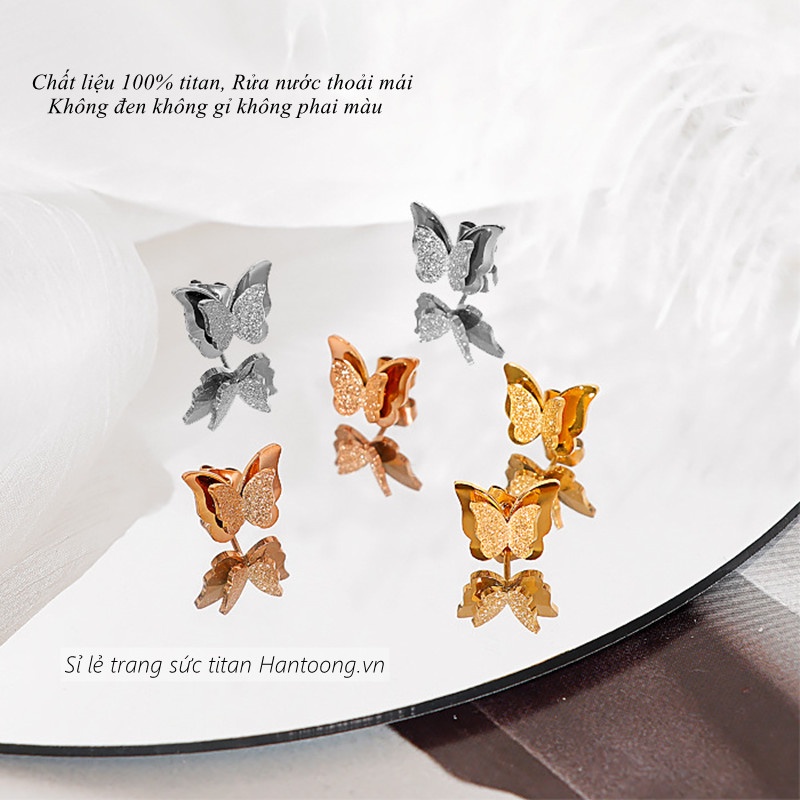 Bông tai titan không gỉ mạ vàng 18k hoa tai titan hình bướm ánh kim sa lấp lánh xinh xắn thời trang