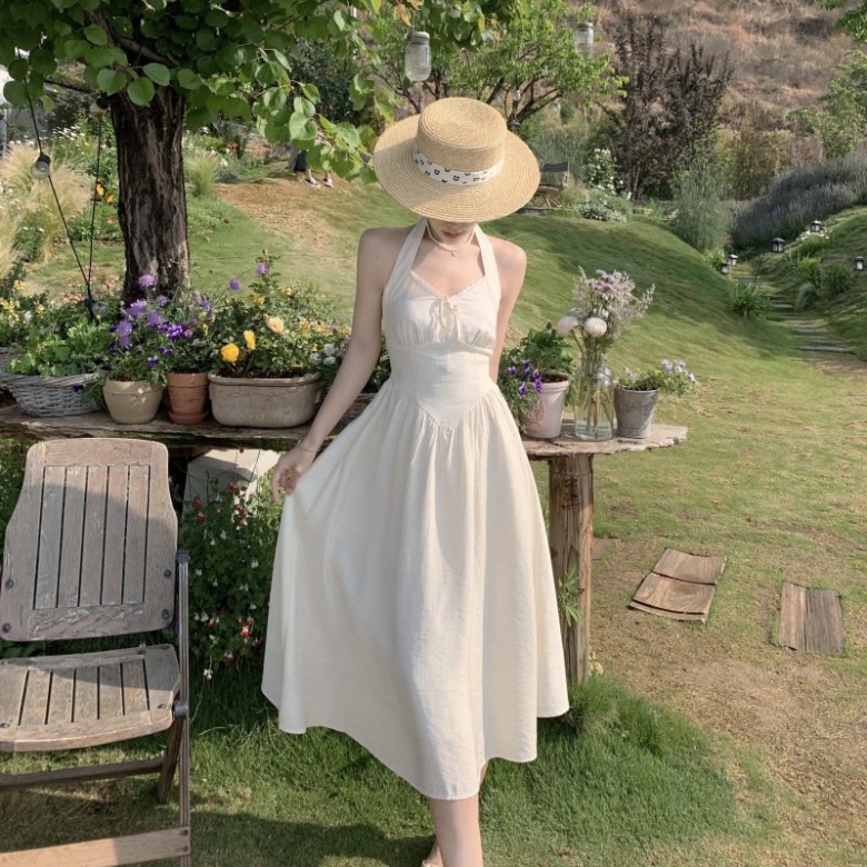 Váy đi biển trắng LUHAZO nữ đẹp maxi 2 dây dài rộng bigsize Hàn Quốc vintage cổ vuông babydoll hở lưng 8516 DK7T101