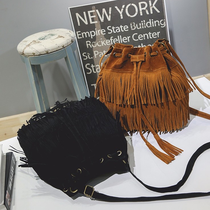 IELGY Túi Xách Rút Dây Đeo Chéo Mềm Mại Phối Tua Rua Thời Trang Cho Nữ