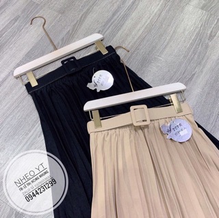 Chân váy midi xếp li kèm đai