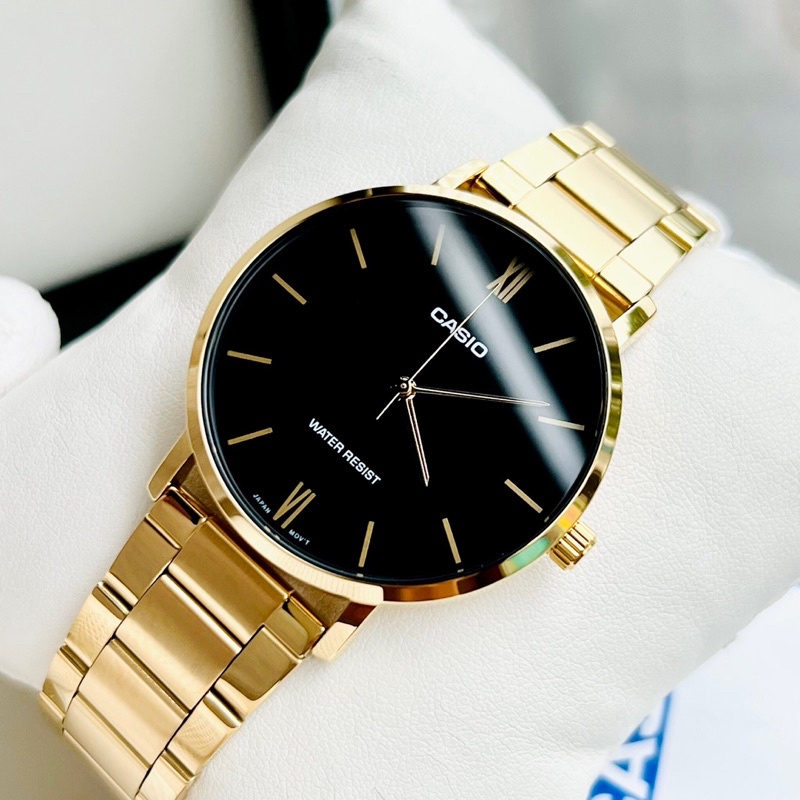 Đồng hồ Nam Casio MTP-VT01G-1B, đồng hồ chính hãng, dây vàng mặt đen
