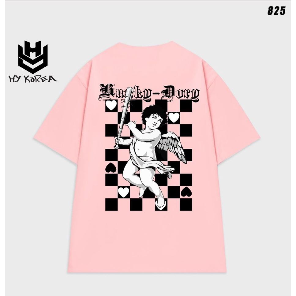 Áo thun nam nữ form rộng nam nữ tay lỡ Thiên thần Lucky Dorg 825 Caro HY KOREA