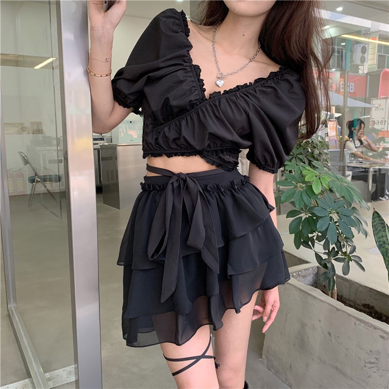[C452] Áo croptop trễ vai bèo nữ freesize đen trắng cộc tay sexy quyến rũ mặc 2 kiểu hàn quốc wikishop